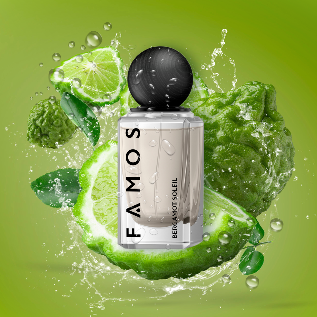 FAMOS BERGAMOT SOLEIL perfume bottle set against fresh bergamot slices and splashes, radiating citrusy energy and vitality.