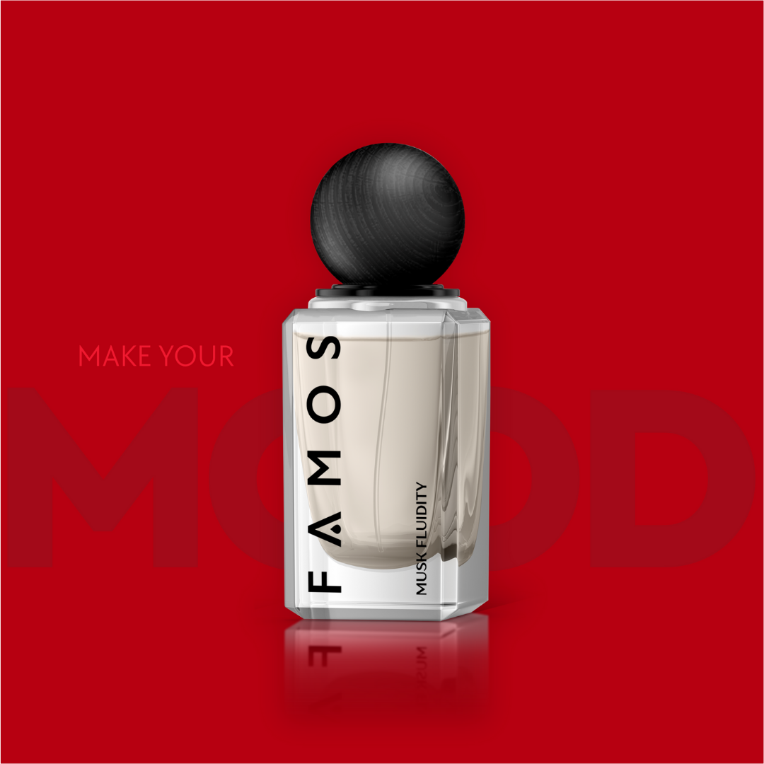 FAMOS MUSK FLUIDITY fragrance bottle stands elegantly against a deep red backdrop, evoking passion, warmth, and modern sophistication.
