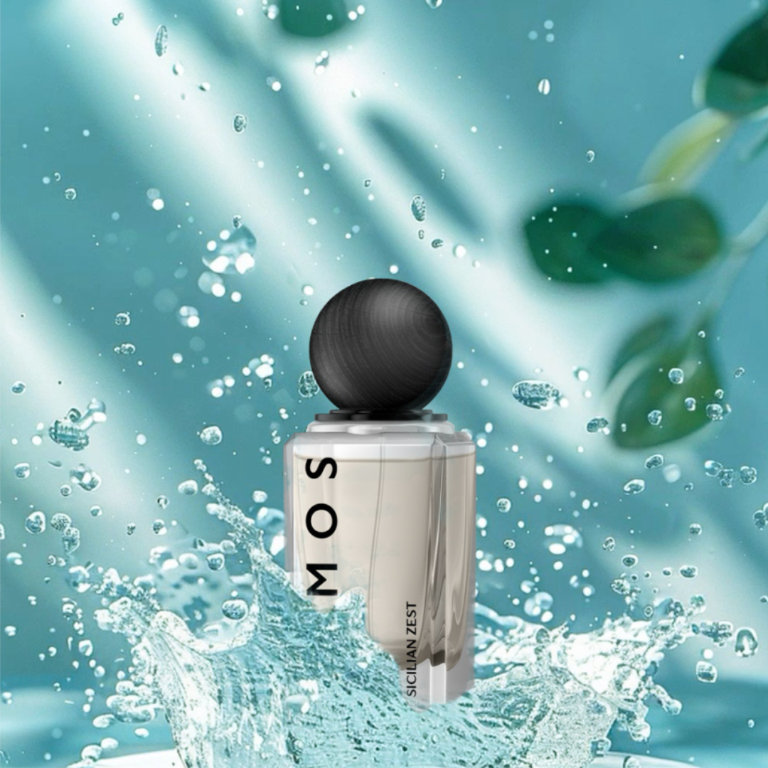 FAMOS SICILIAN ZEST perfume bottle in a dynamic splash of water, evoking a fresh, zesty vibe with citrus and oceanic energy.