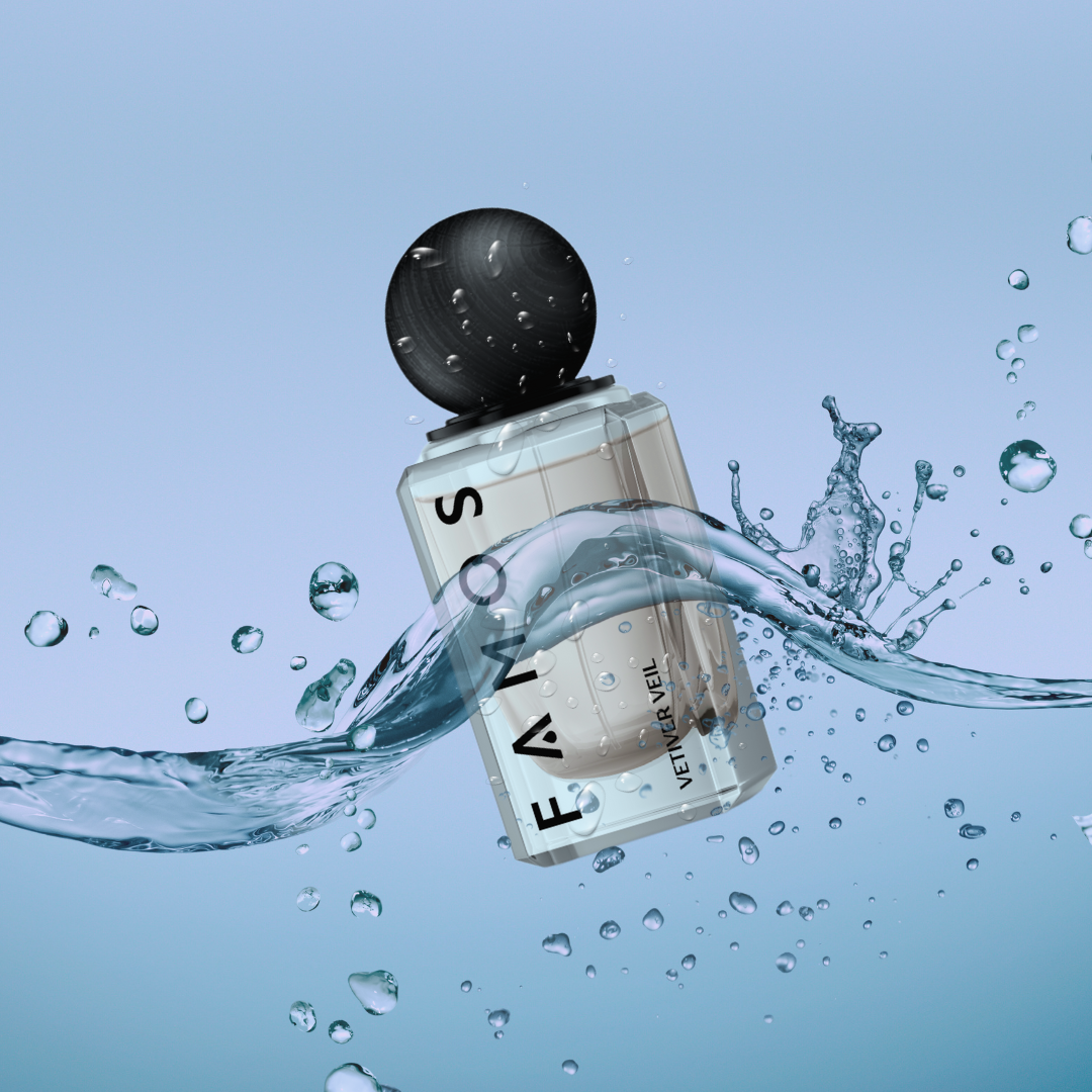 FAMOS VETIVER VEIL fragrance bottle immersed in dynamic water splash, with droplets floating against a serene light blue backdrop.