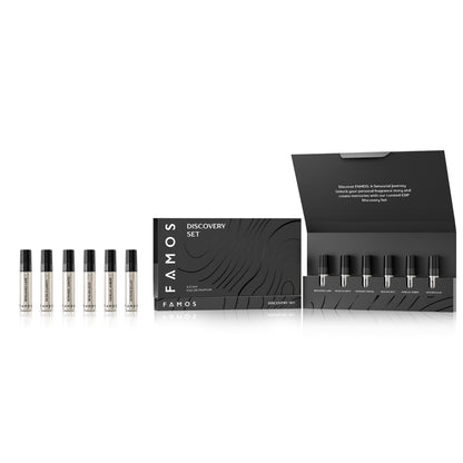 FAMOS Discovery Set featuring six sleek sample vials in a stylish black box, perfect for exploring the brand’s signature fragrances.